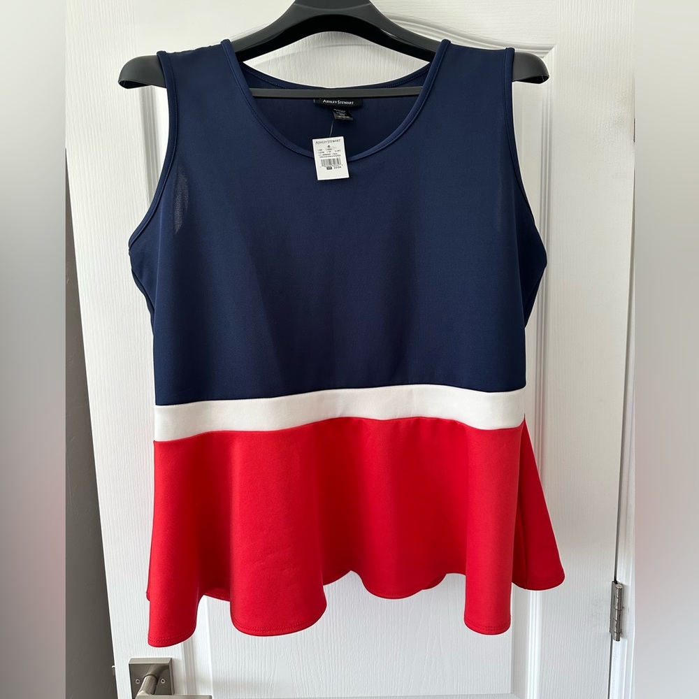 Ashley Stewart Peplum Top Navy//White/Coral Red 22/24